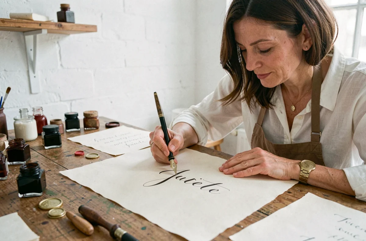 Calligraphe écrivant le prénom Juliette en cursive sur parchemin dans un atelier parisien, évoquant la signification et l'héritage culturel du prénom