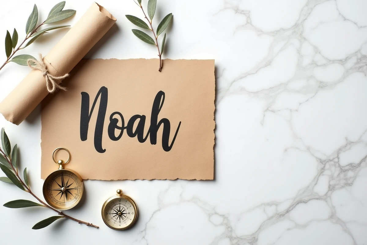 Composition flat-lay avec le prénom Noah écrit en calligraphie entouré de symboles historiques et botaniques