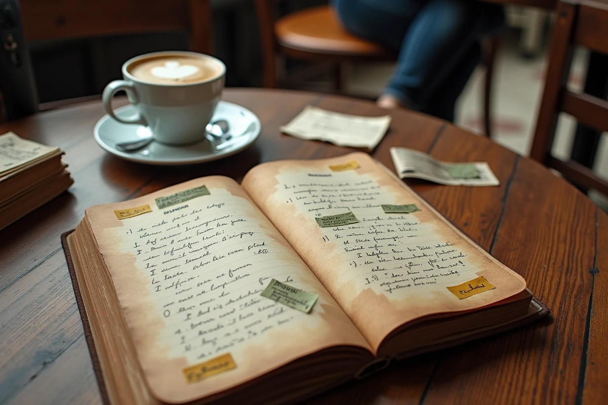 Carnet de notes manuscrit avec coupures de journaux sur une légende urbaine liée à La Femme de Jul dans un café parisien