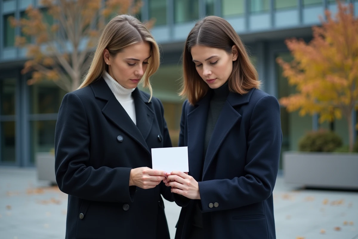 Femme remettant une carte de condoléances à une collègue devant un immeuble de bureaux