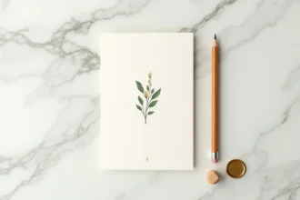 Carte de Noël minimaliste chic imprimée sur carton ivoire avec typographie dorée et brin d'eucalyptus, posée sur marbre blanc