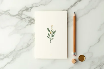Carte de Noël minimaliste chic imprimée sur carton ivoire avec typographie dorée et brin d'eucalyptus, posée sur marbre blanc