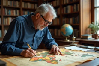 Cartographe étudiant des cartes de répartition géographique et de migrations du nom Albrad sur une table en bois