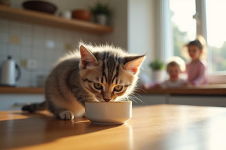 Chaton british shorthair mangeant dans une cuisine lumineuse