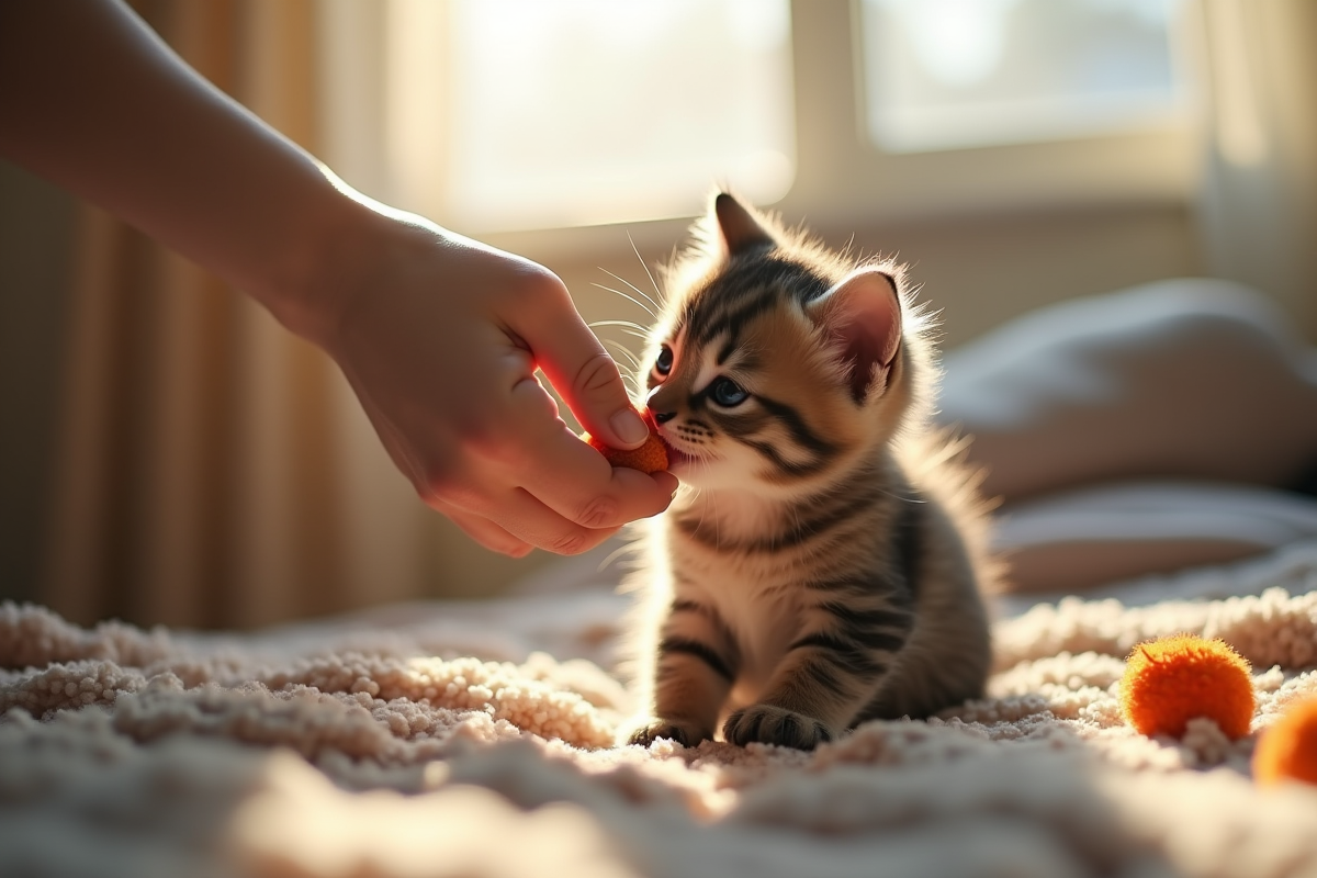 Chaton british shorthair nourri à la main dans un salon chaleureux
