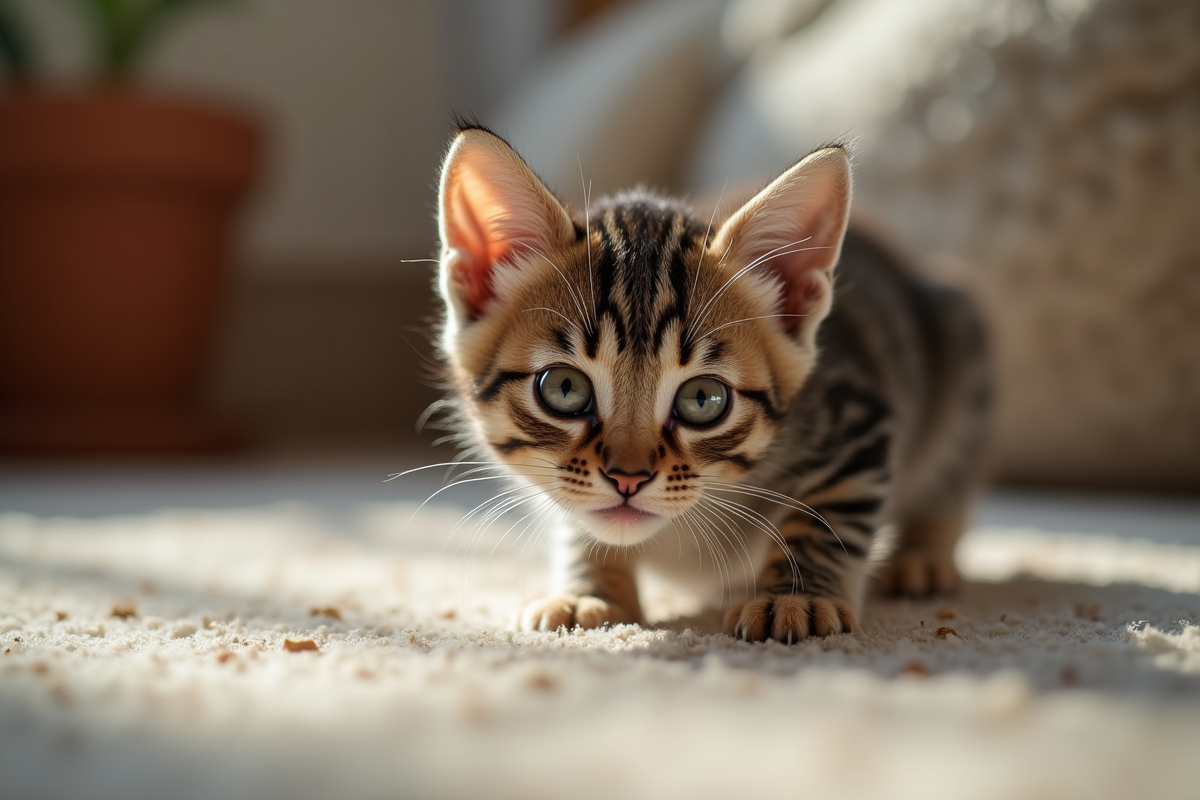 Chaton tabby curieux explorant un intérieur cosy
