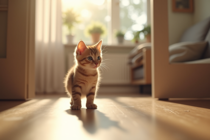 Chaton tabby accueilli dans un salon lumineux