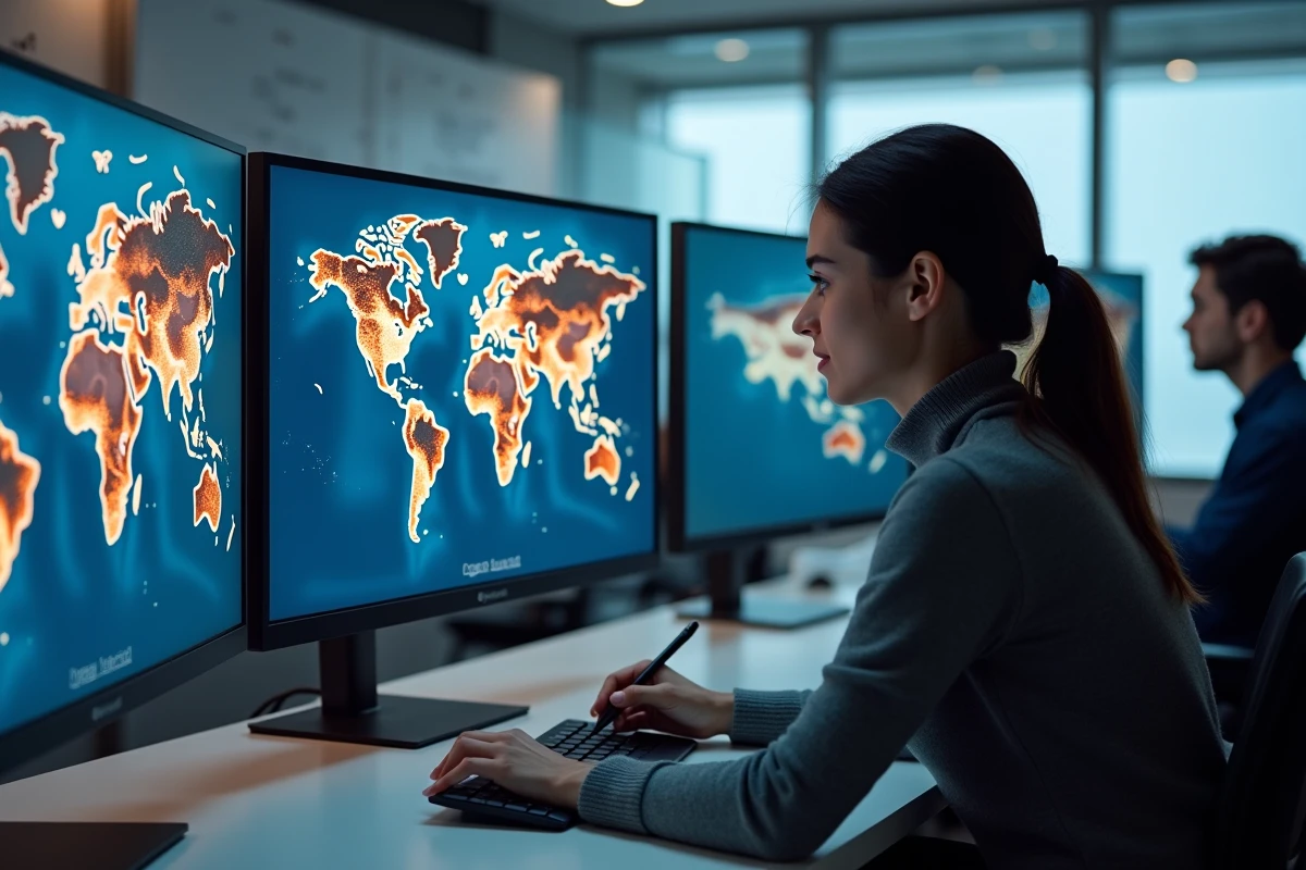 Chercheuse analysant une carte interactive de distribution géographique et de migrations sur écran numérique