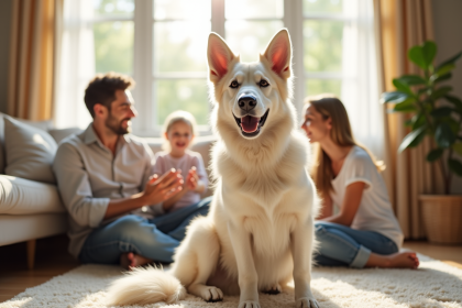 Chien belge shepherd blanc dans un salon lumineux avec famille