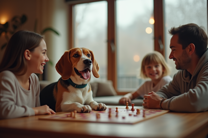 Chien beagle Lemon jouant à des jeux de société en famille dans un salon cosy