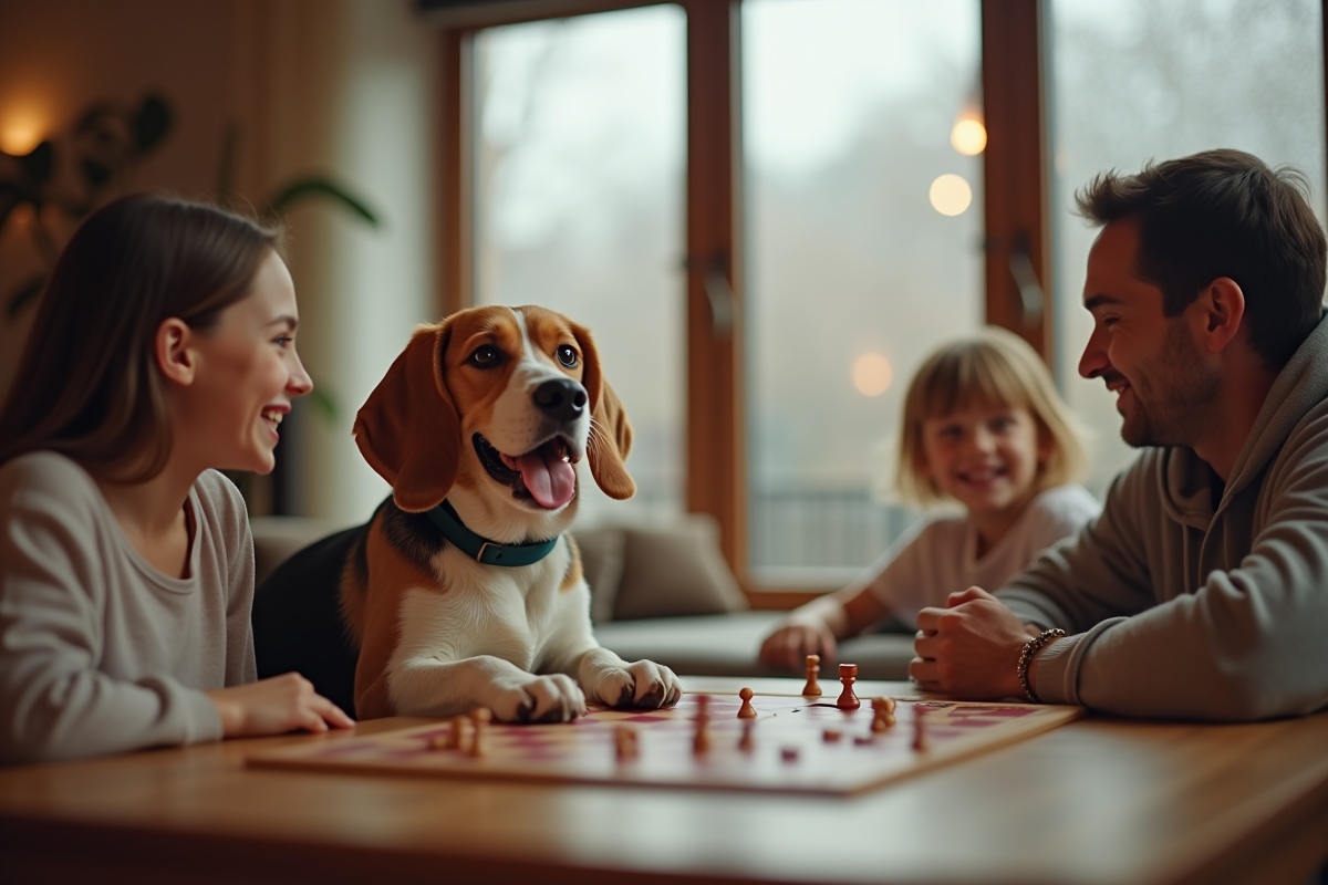 Chien beagle Lemon jouant à des jeux de société en famille dans un salon cosy