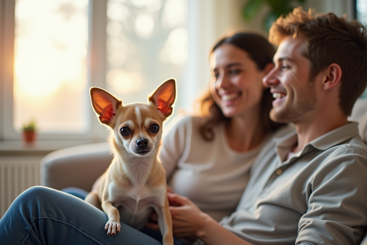 Chihuahua à poil court sur les genoux d'un enfant dans un salon lumineux