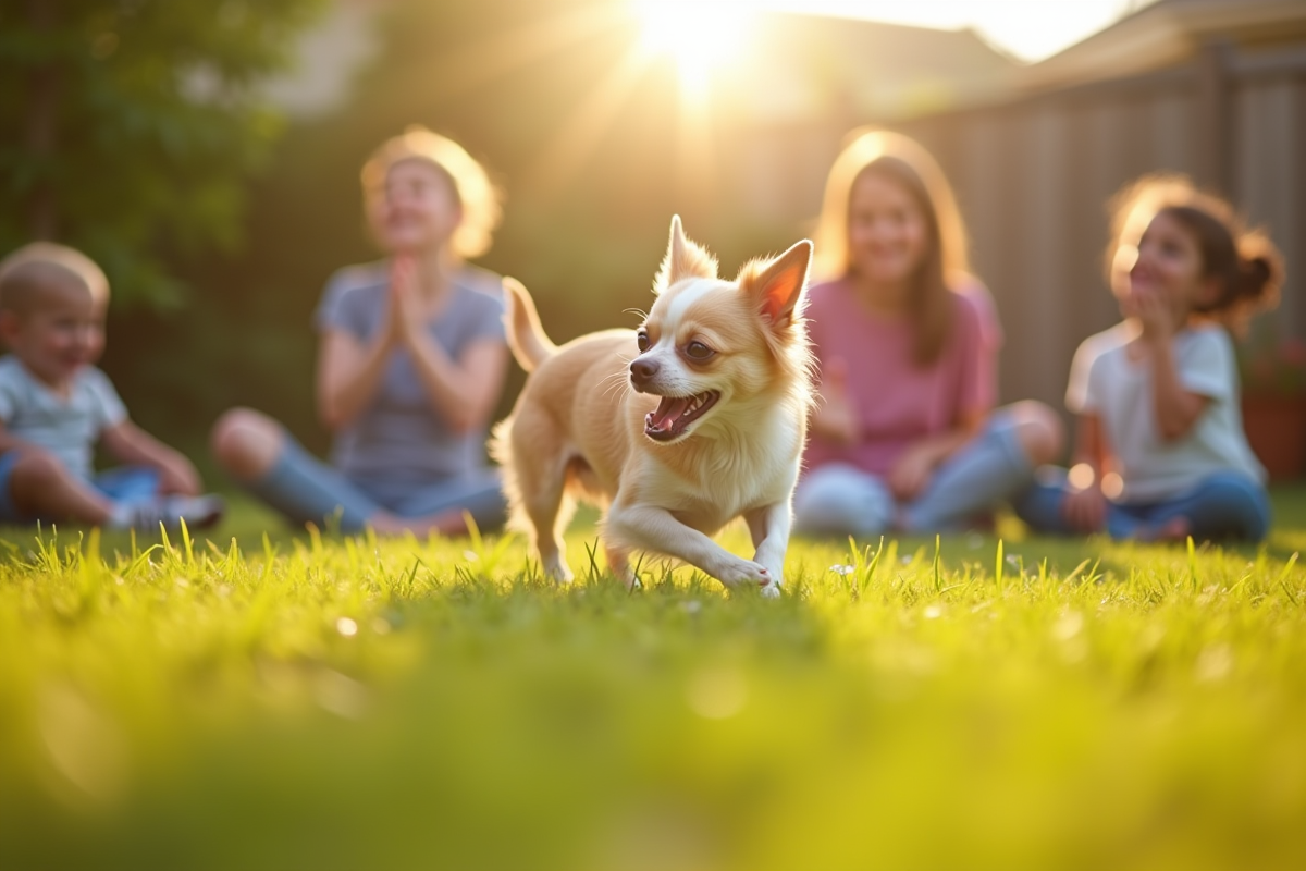 Chihuahua jouant à rapporter dans un jardin ensoleille avec des enfants