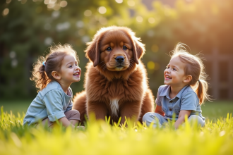 Chiot Newfoundland jouant avec des enfants dans un jardin ensoleille