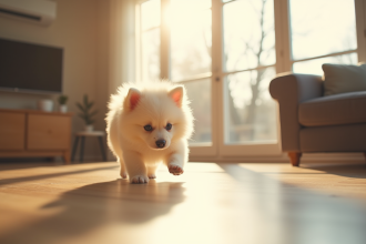 Petit chiot pomeranian blanc dans un salon ensoleille