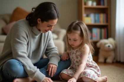Mère et jeune fille choisissant ensemble des jeux de société adaptés aux enfants sur un parquet en bois
