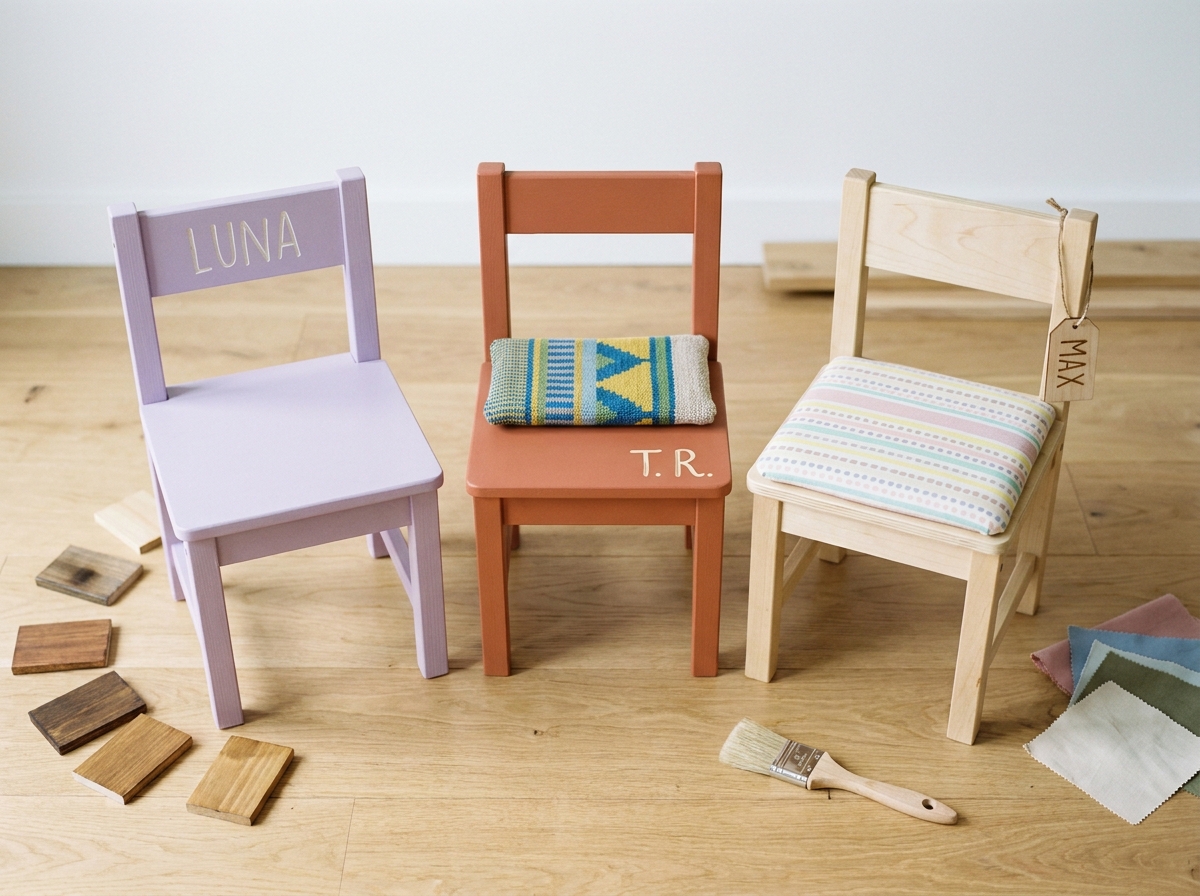 Comparaison de trois modèles de chaises enfant personnalisables en bois aux couleurs et styles différents