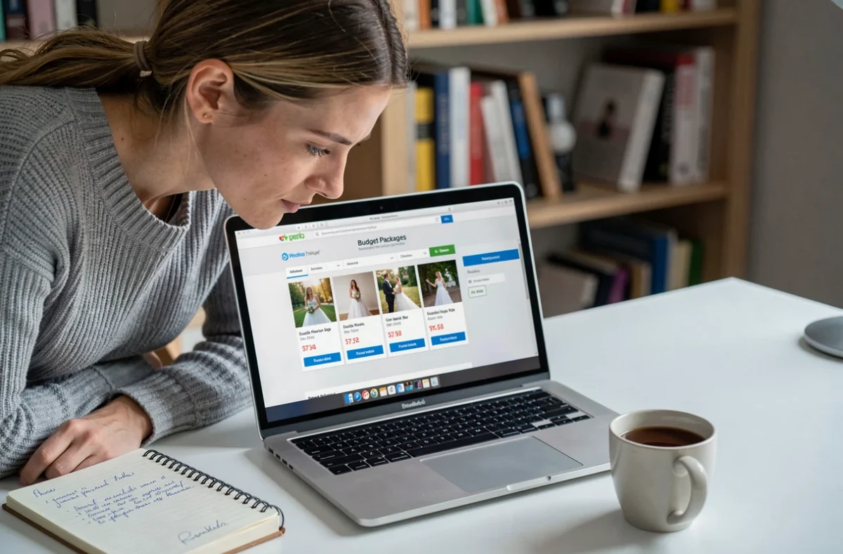 Une femme comparant les offres et les prix de photographes de mariage sur un site internet depuis son bureau à domicile