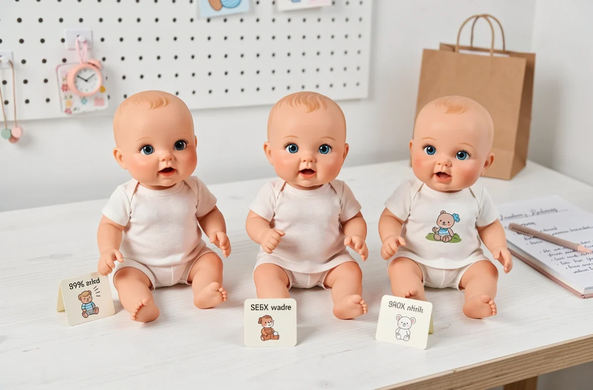 Comparatif de trois poupons marcheurs et parlants posés sur une table en bois blanc pour un guide d'achat