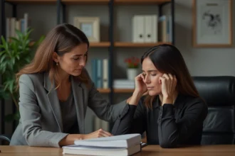 Collègue exprimant ses condoléances à une amie en deuil dans un bureau calme et respectueux