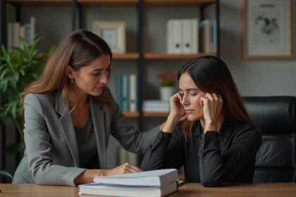 Collègue exprimant ses condoléances à une amie en deuil dans un bureau calme et respectueux