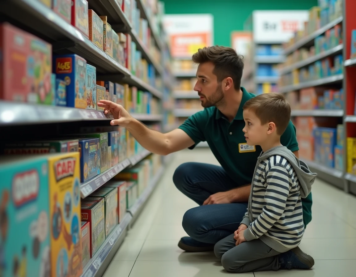 Vendeur en magasin de jouets conseillant un enfant sur le choix d'un jeu adapté à son âge
