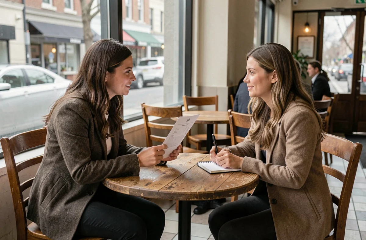 Photographe de mariage en consultation avec une future mariée dans un café pour discuter des tarifs abordables