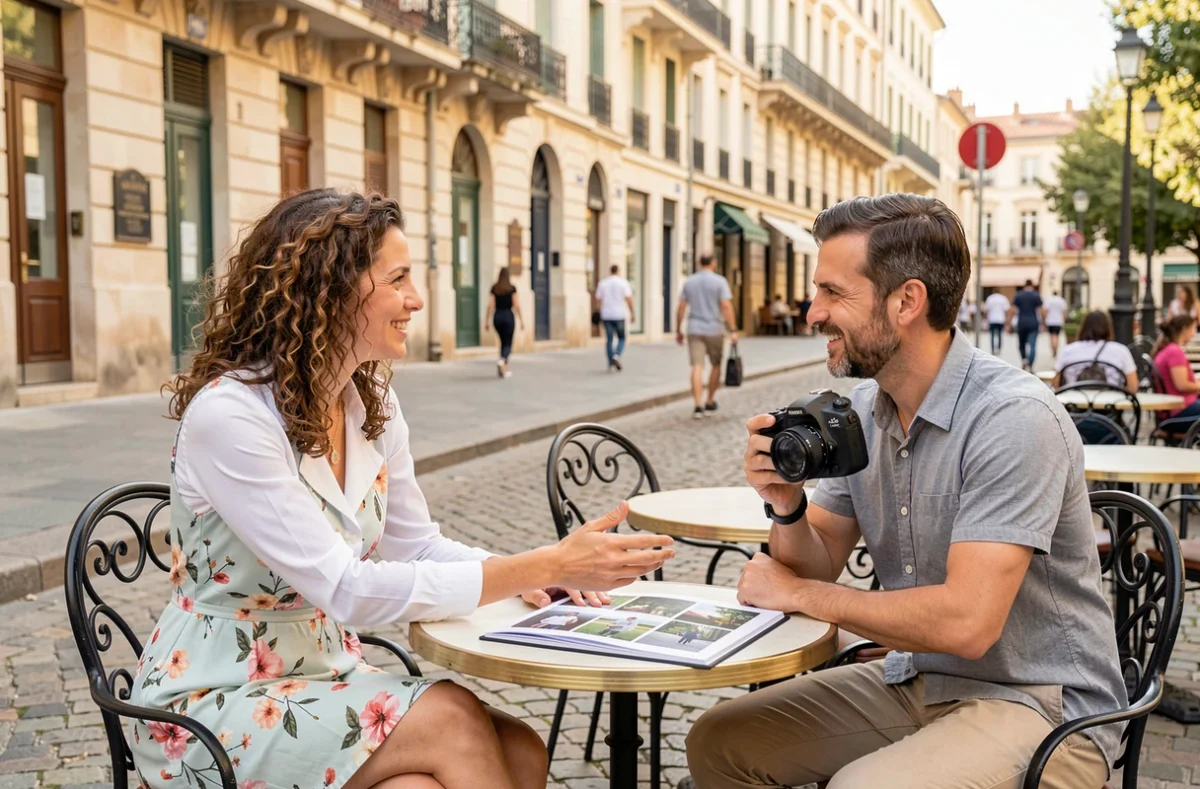 Photographe de mariage présentant son portfolio à un couple en terrasse de café à Montpellier