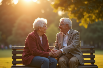 Un couple âgé souriant main dans la main sur un banc en plein air