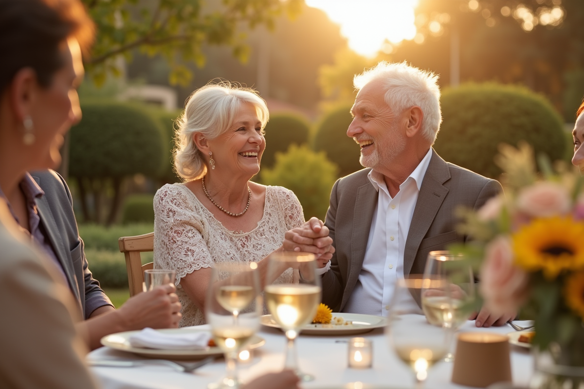 Couple d'anciens souriants lors d'un repas extérieur pour un anniversaire