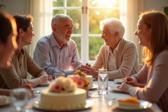 Couple agee souriant lors d un diner en famille