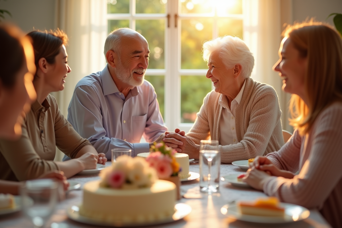 Couple agee souriant lors d un diner en famille