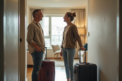 Couple d'adultes dans un couloir moderne avec valises