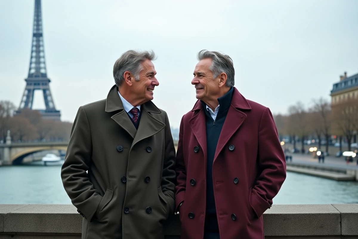 Deux hommes en discussion au bord de la Seine avec la Tour Eiffel en arrière-plan flou, symbole d'une relation parisienne épanouie