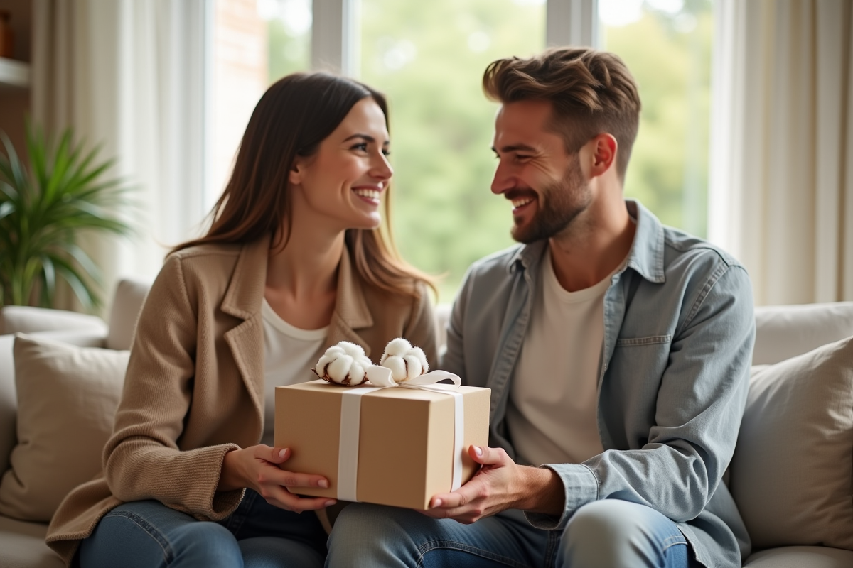Jeune couple échangeant des cadeaux en coton dans un salon lumineux