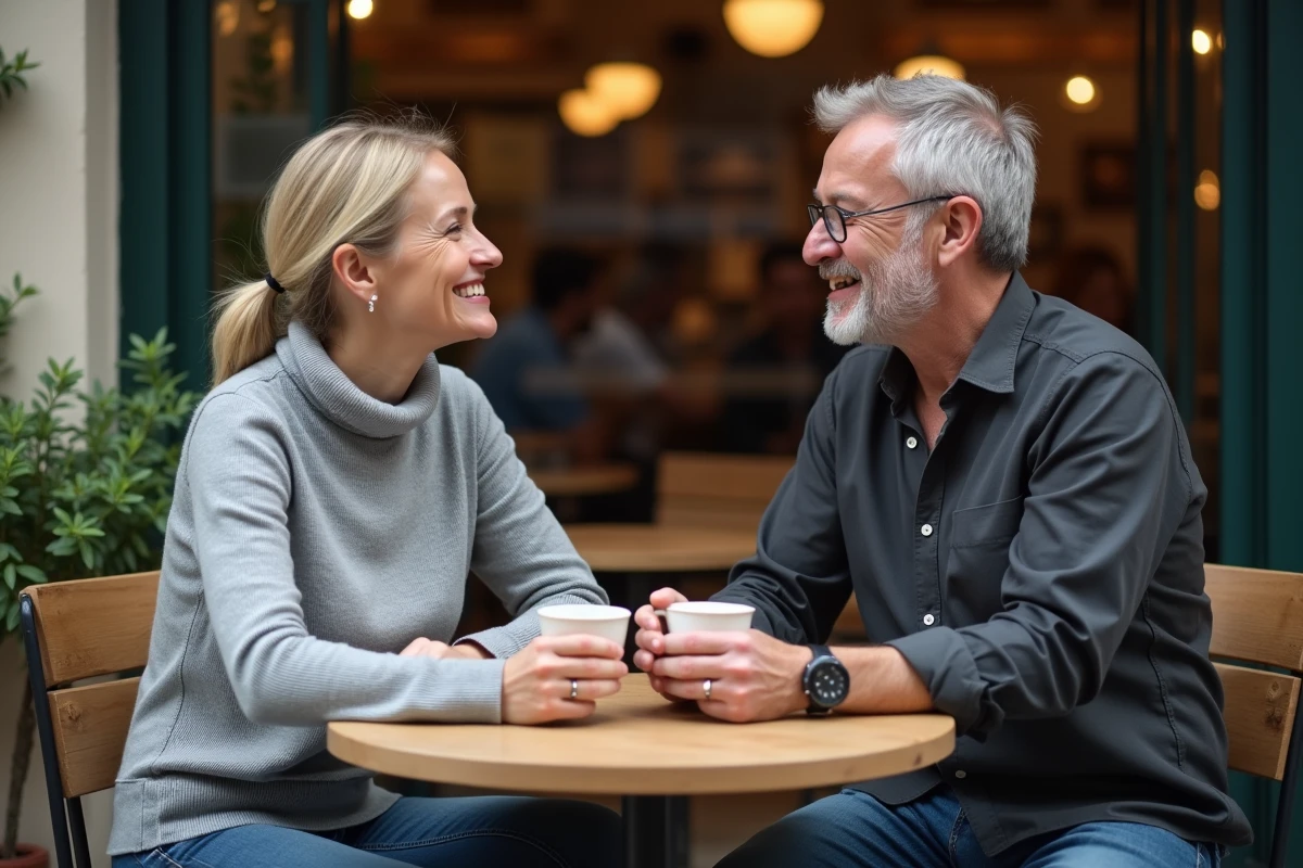 Couple d'âge mûr attablé en terrasse de café français, partageant un moment de complicité autour d'un café, vie de couple au quotidien