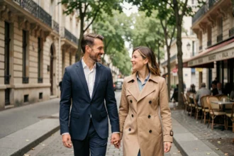 Un couple élégant se promenant dans une rue parisienne, illustration d'une apparition rare en public d'un animateur célèbre et de sa compagne