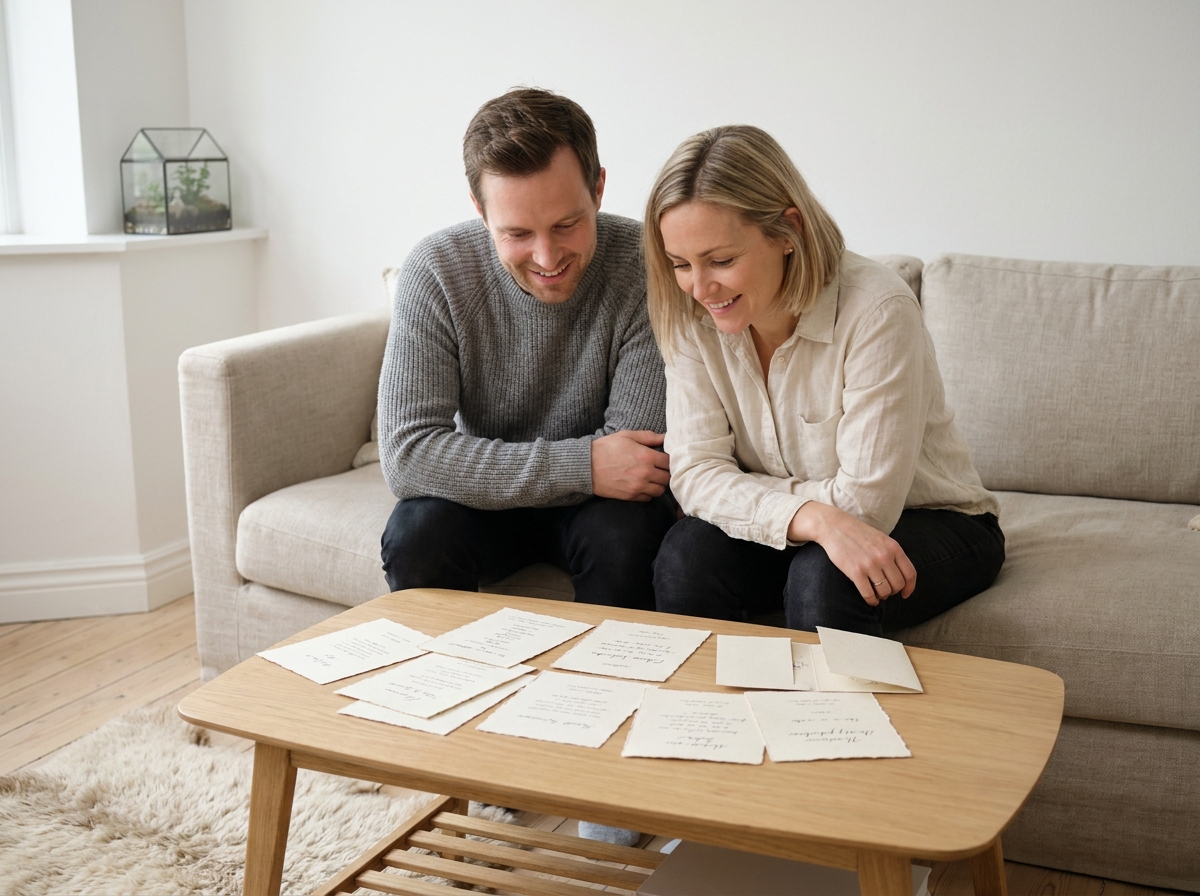 Couple parcourant des faire-part de naissance posés sur une table basse dans un salon minimaliste