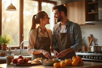 Jeune couple cuisine ensoleillée partageant un moment tendre