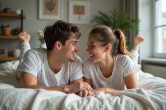 Jeune couple souriant dans un lit cosy et moderne