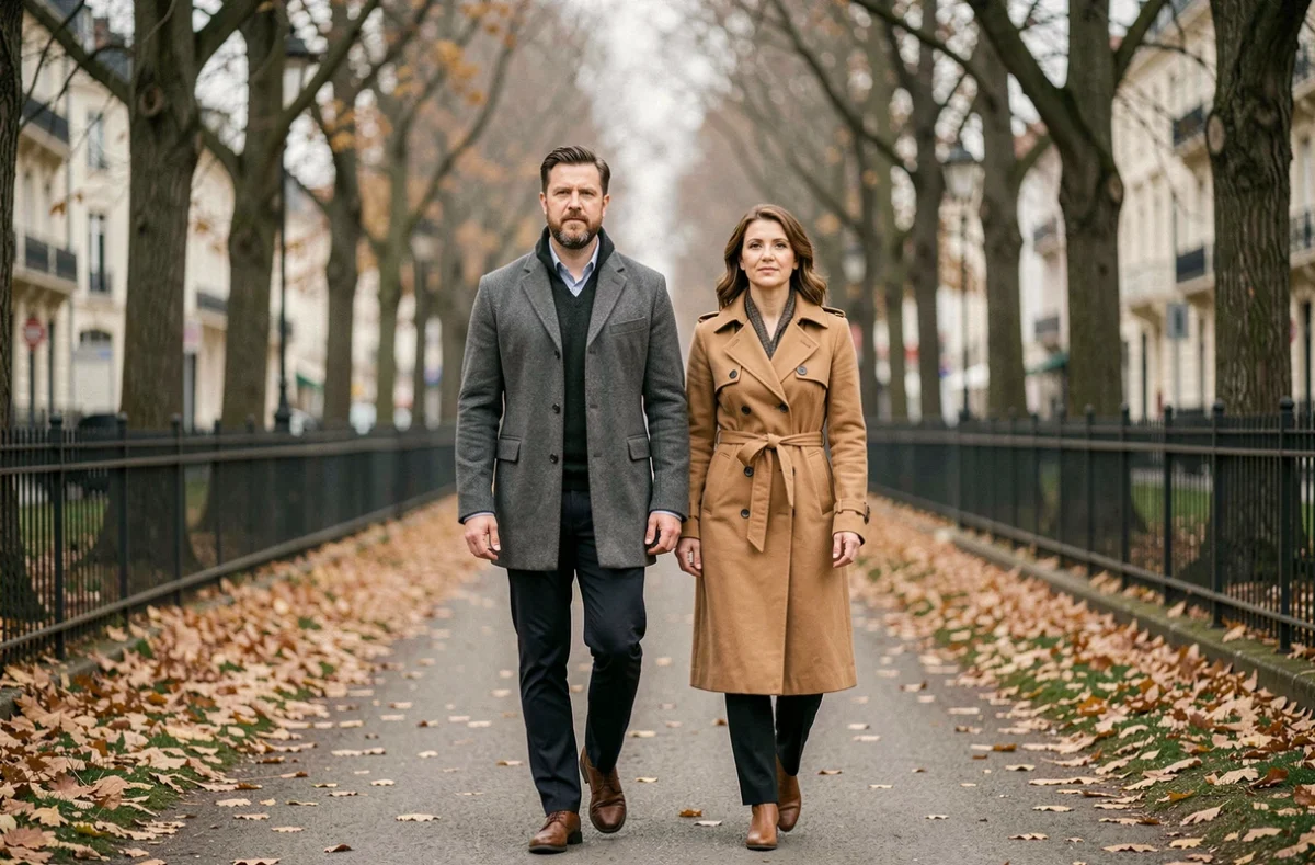 Couple marchant discrètement dans un parc urbain en automne, illustrant la volonté de préserver leur intimité hors des médias