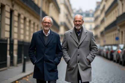 Deux hommes élégants marchant ensemble dans une rue pavée de Paris, illustrant une relation discrète et complice