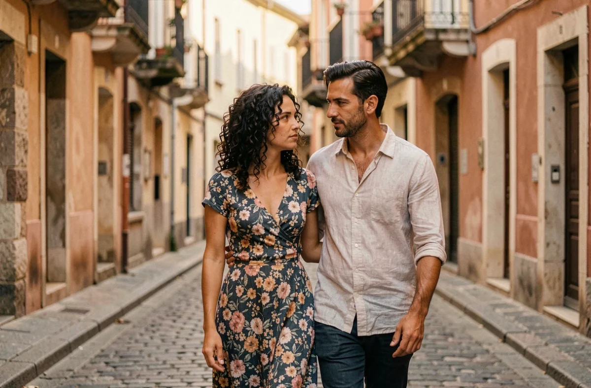 Couple marchant côte à côte dans une rue pavée française, symbolisant une relation amoureuse discrète et préservée des regards