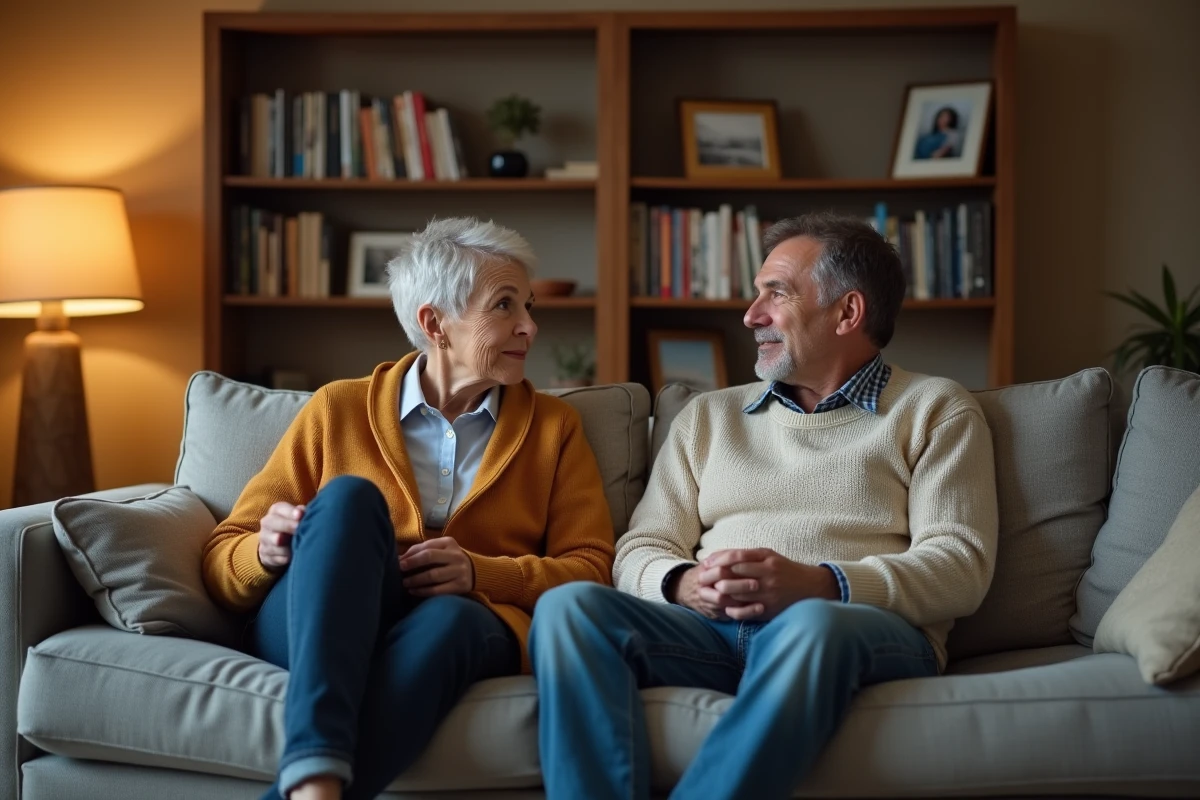 Couple discutant dans un salon chaleureux