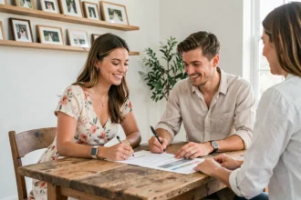 Un couple de futurs mariés discutant des tarifs avec un photographe de mariage professionnel autour d'une table en bois