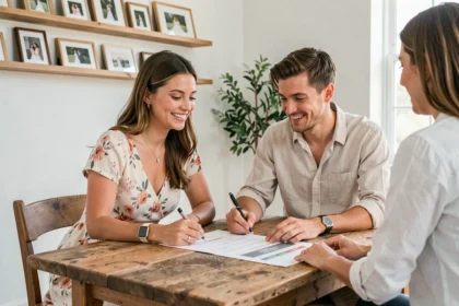 Un couple de futurs mariés discutant des tarifs avec un photographe de mariage professionnel autour d'une table en bois