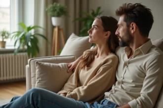 Couple assis sur un canapé, femme regardant ailleurs tandis que son mari cherche à établir un contact émotionnel