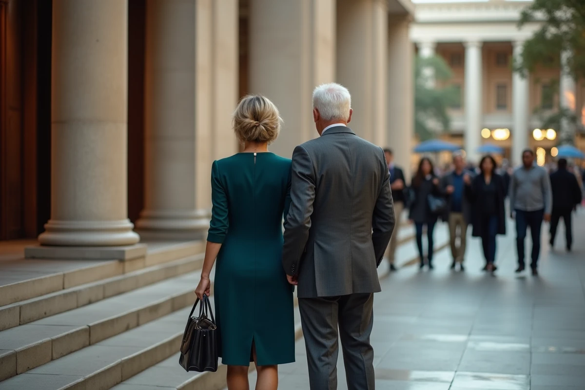 Couple élégant devant l'entrée d'un lieu culturel, représentant une sortie commune et la vie publique d'un couple médiatique respectant leur intimité