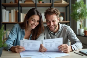 Jeune couple souriant examinant des formulaires officiels
