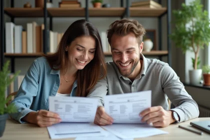 Jeune couple souriant examinant des formulaires officiels